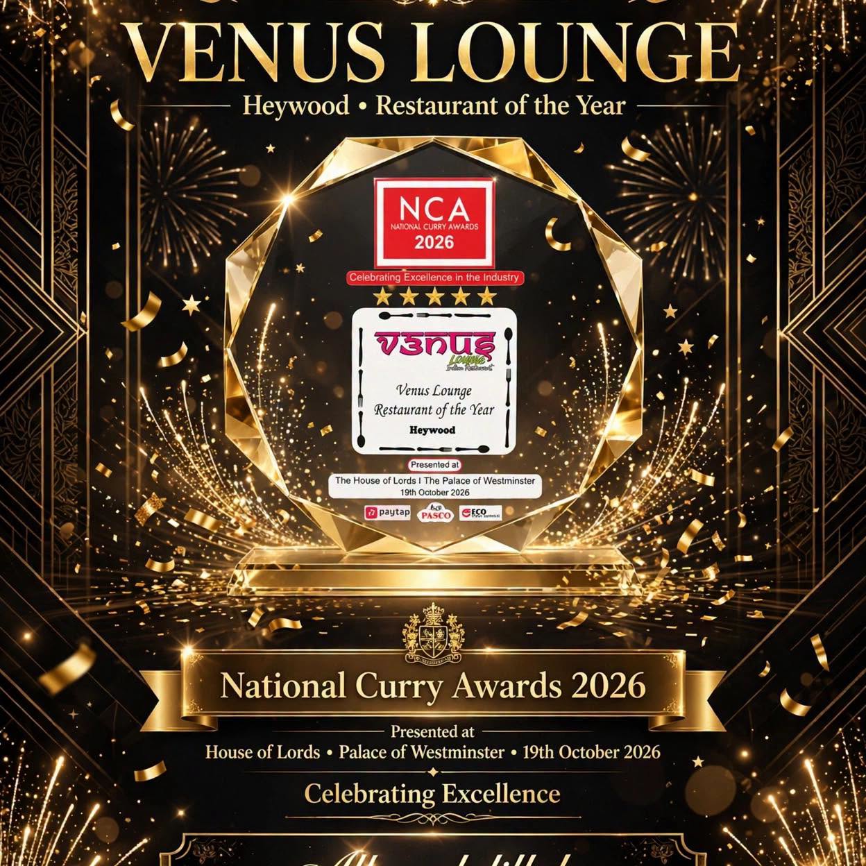 National Curry Awards 2026 — Venus Lounge Heywood, Restaurant of the Year, presented at the House of Lords